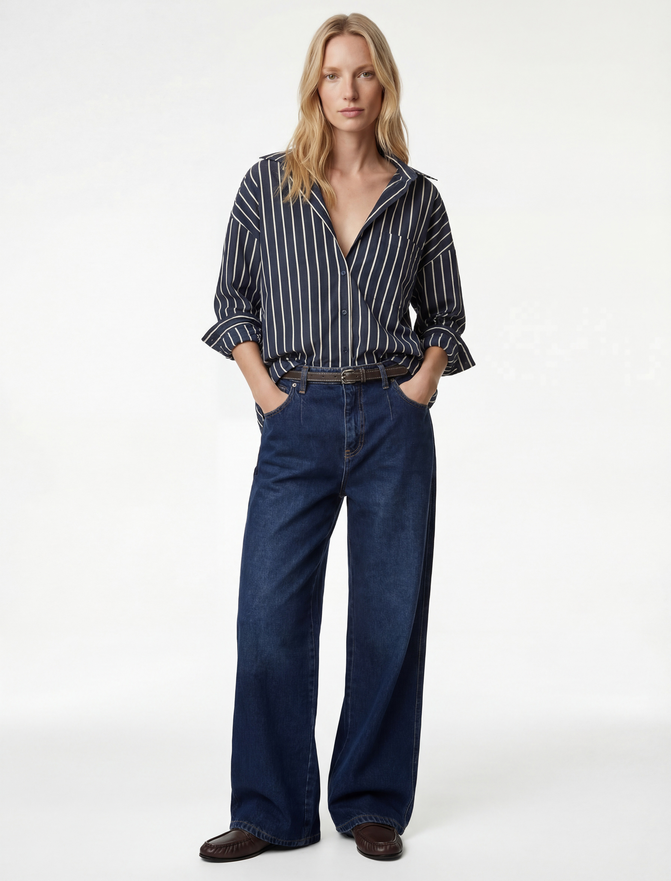   Yüksek Bel Pamuklu Kemerli Kısa Geniş Paça Denim Pantolon - Wide Leg Jean