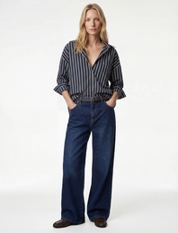 Yüksek Bel Pamuklu Kemerli Kısa Geniş Paça Denim Pantolon - Wide Leg Jean