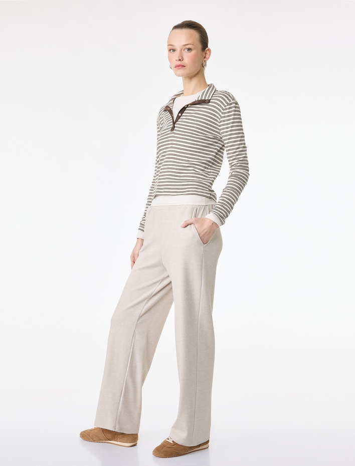  Rahat Kalıp Viskon Karışımlı Cepli Beli Bağcıklı Geniş Paça Eşofman Altı