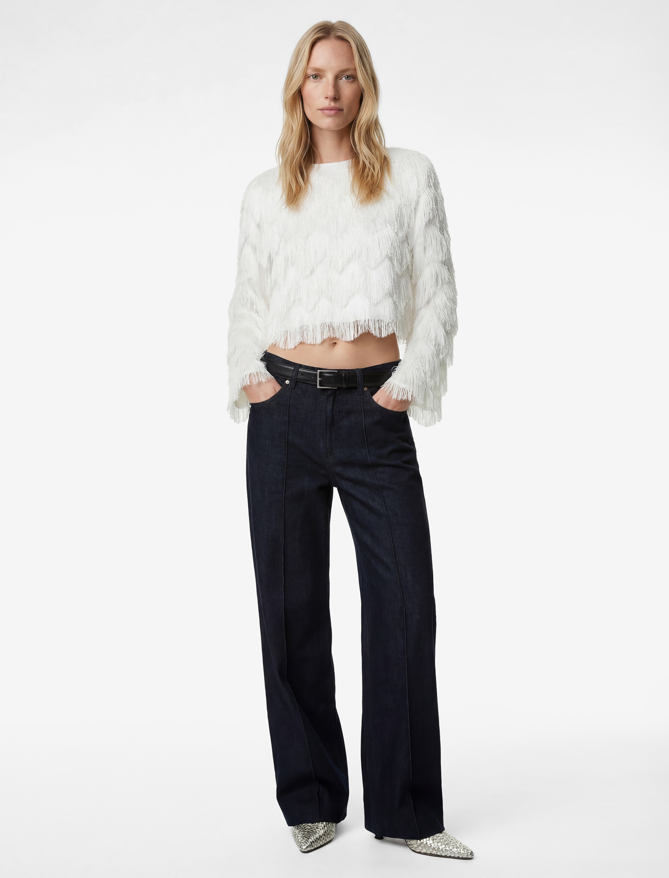   Normal Bel Cepli Düğmeli Nervürlü Geniş Paça Denim Pantolon - Wide Leg Jeans