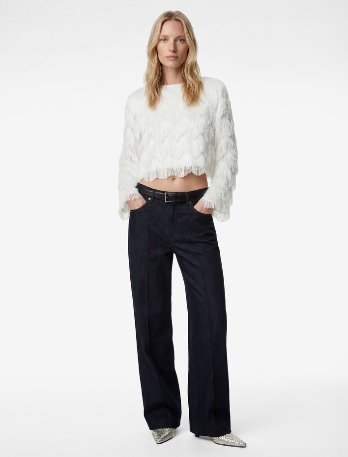  Normal Bel Cepli Düğmeli Nervürlü Geniş Paça Denim Pantolon - Wide Leg Jeans