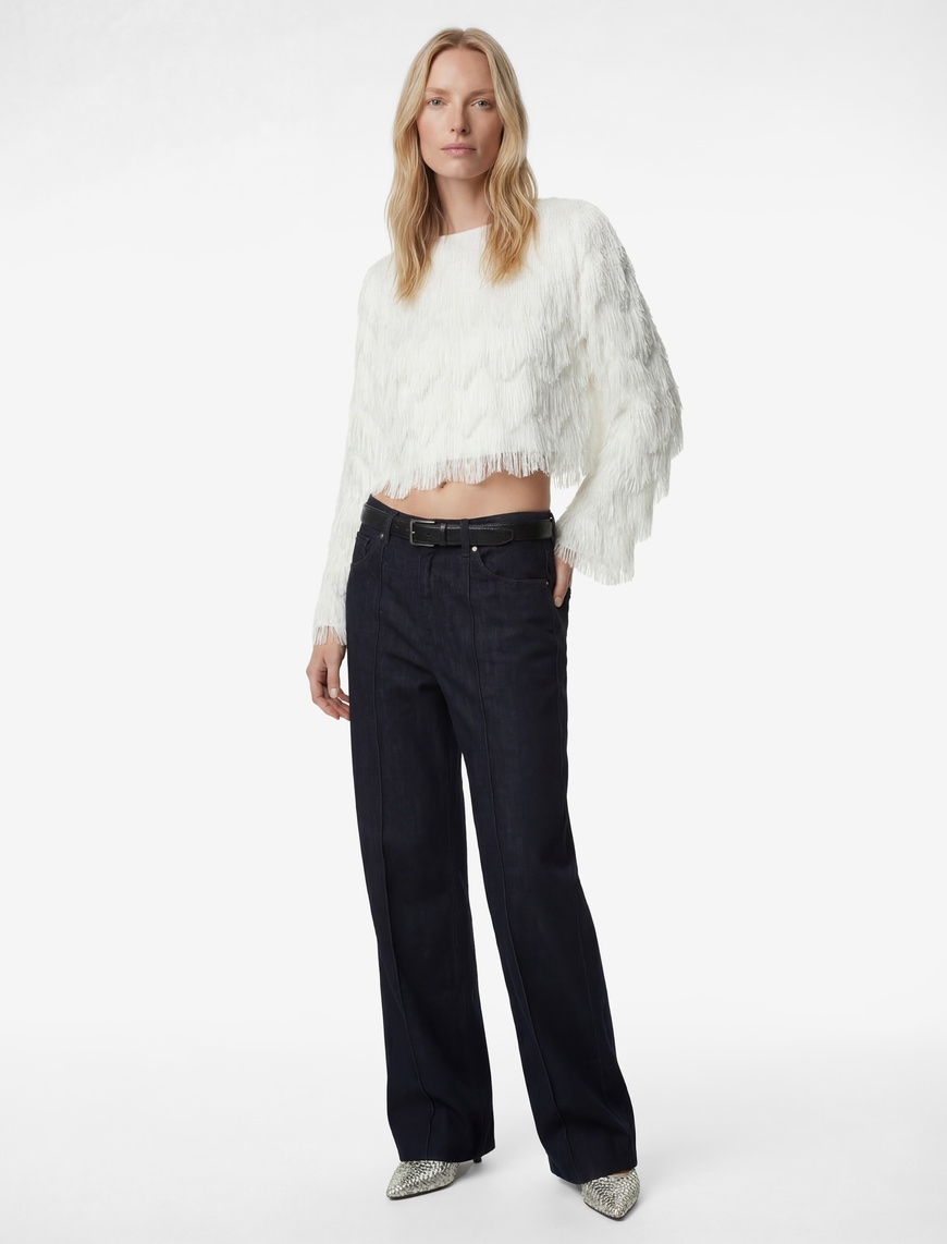 Koton Kadın Normal Bel Cepli Düğmeli Nervürlü Geniş Paça Denim Pantolon – Wide Leg Jeans
