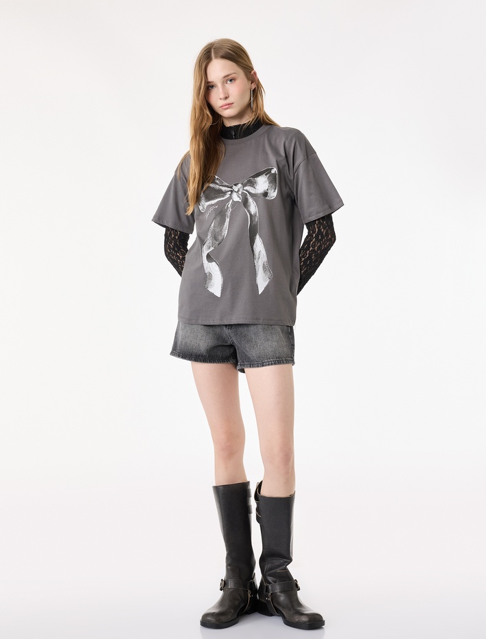  Fiyonk Baskılı Kısa Kollu Bisiklet Yaka Pamuklu Oversize Tişört