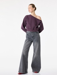 Üç İplik Şordonlu Uzun Kollu Asimetrik Yaka Omzu Açık Sweatshirt