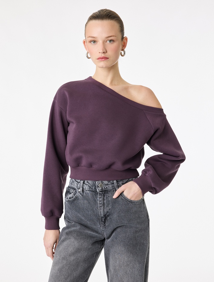  Üç İplik Şordonlu Uzun Kollu Asimetrik Yaka Omzu Açık Sweatshirt