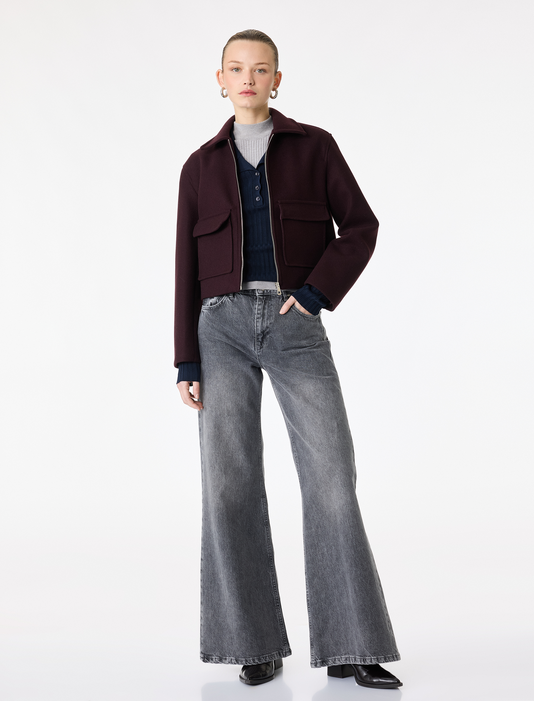   Uzun Kollu Cepli Fermuarlı Crop Kaşe Ceket