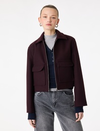 Uzun Kollu Cepli Fermuarlı Crop Kaşe Ceket