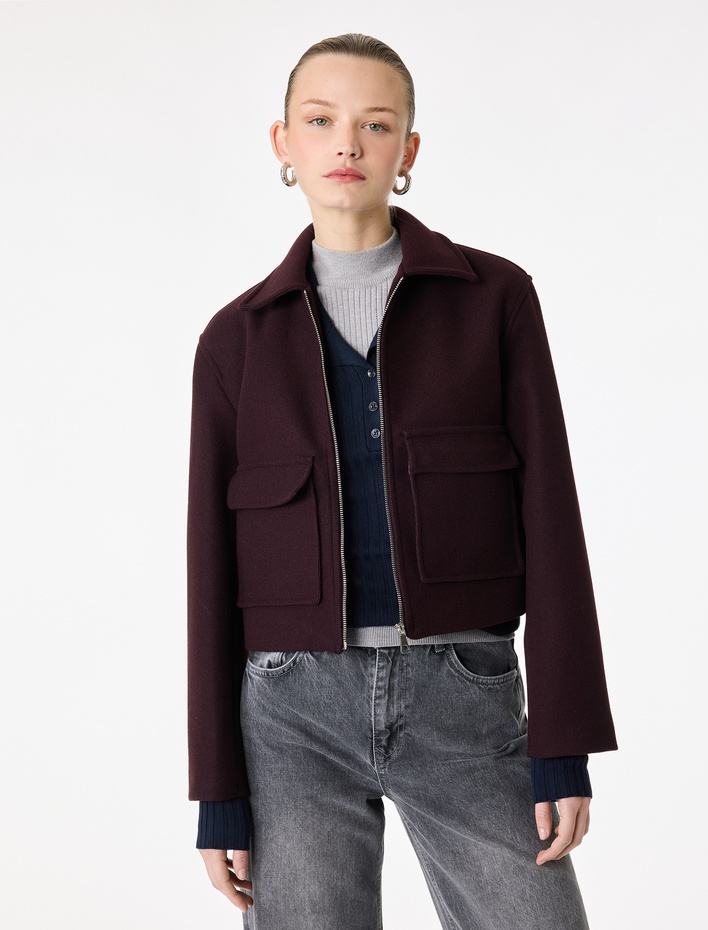  Uzun Kollu Cepli Fermuarlı Crop Kaşe Ceket