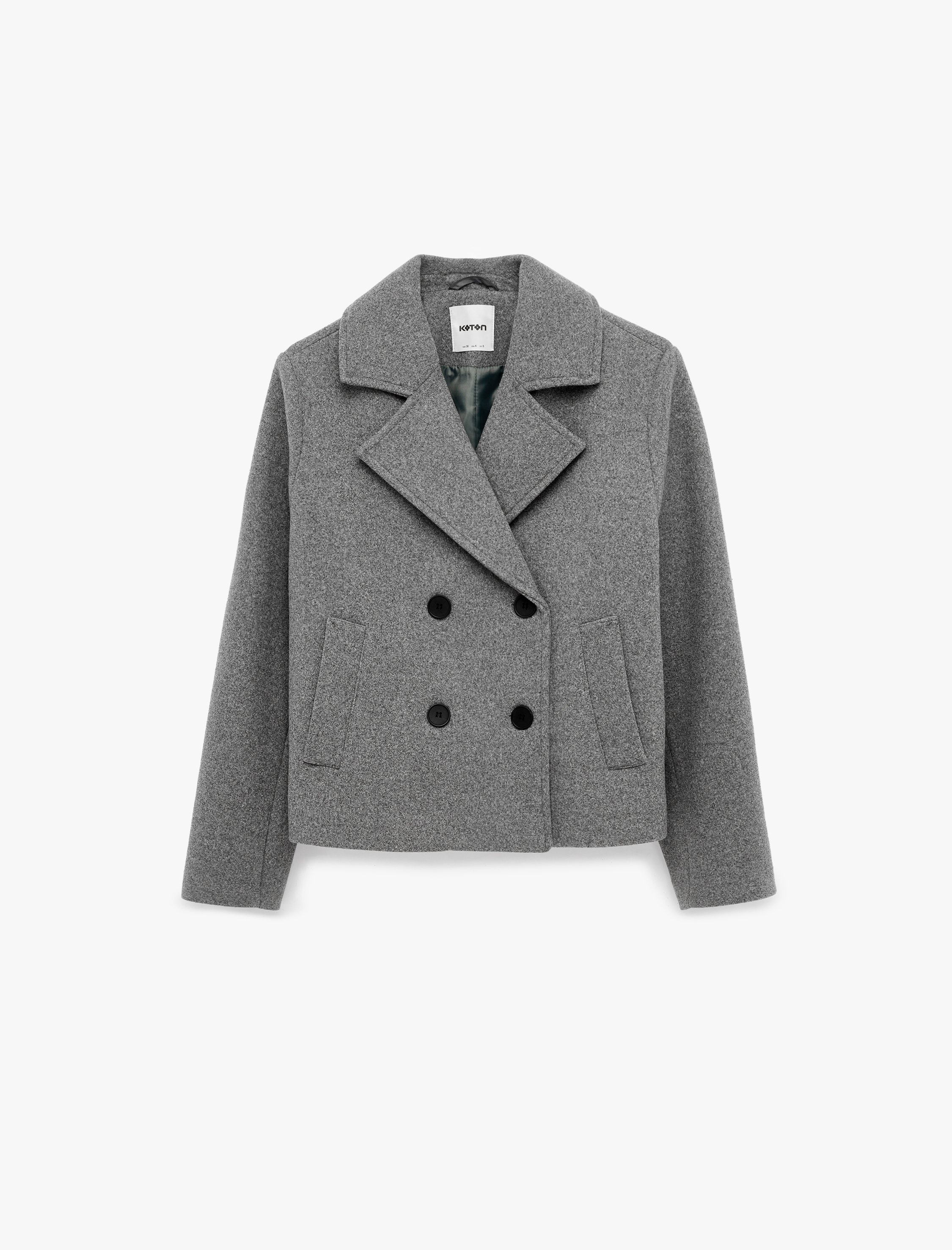   Uzun Kollu Düğmeli Cepli Kruvaze Kısa Kaşe Ceket