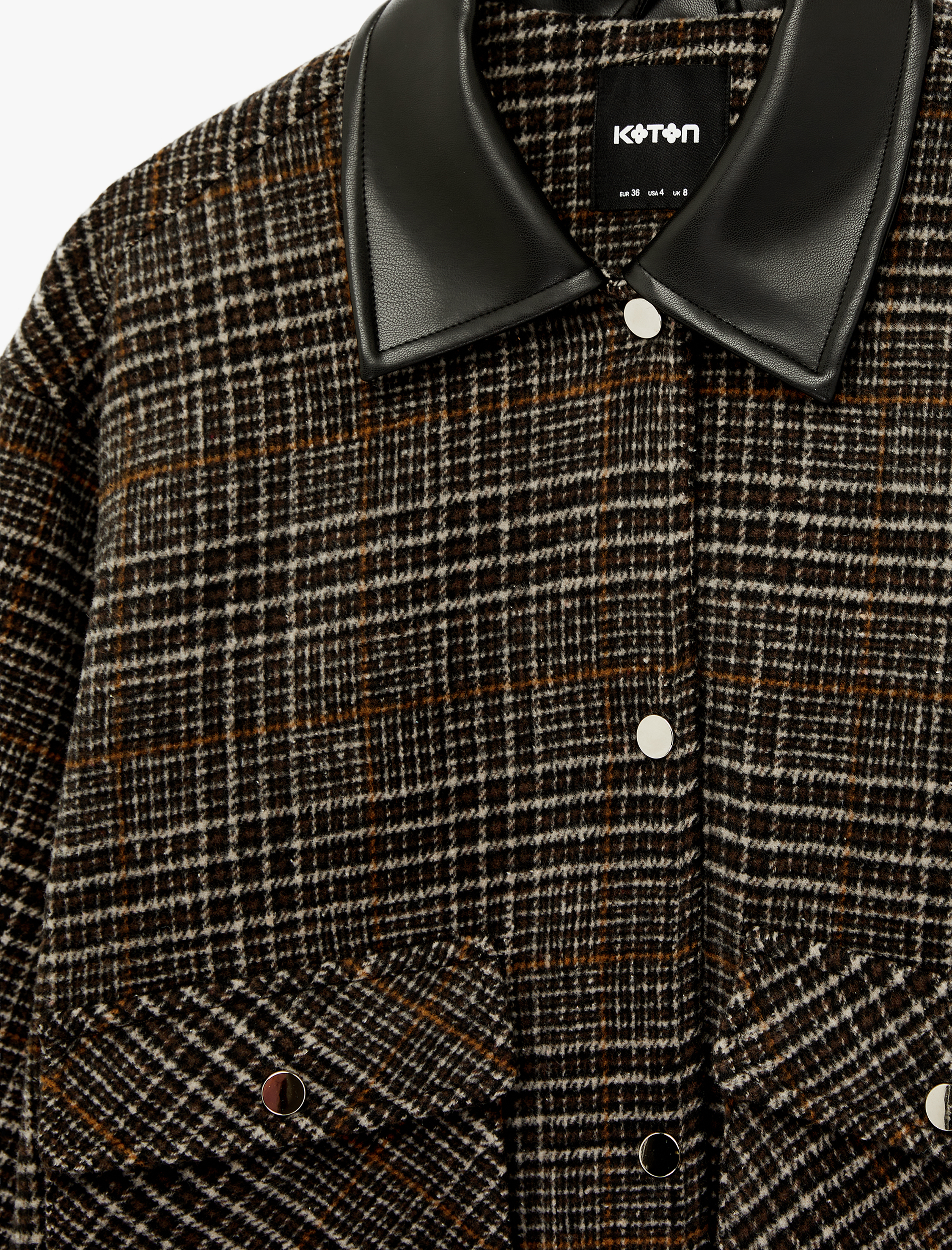   Düğmeli Cepli Suni Deri Yaka Detaylı Crop Ekose Bomber Ceket