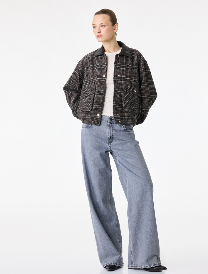  Düğmeli Cepli Suni Deri Yaka Detaylı Crop Ekose Bomber Ceket