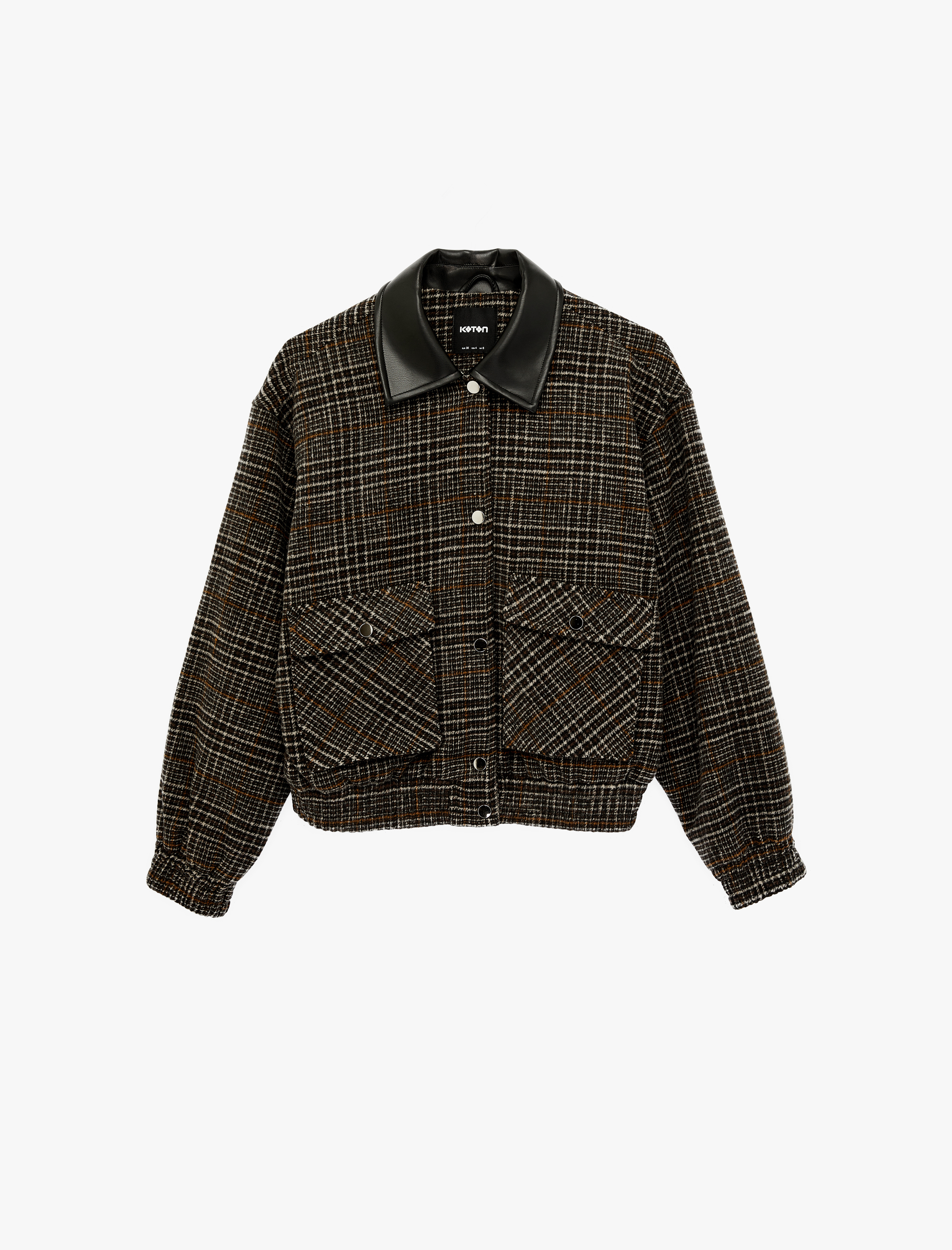   Düğmeli Cepli Suni Deri Yaka Detaylı Crop Ekose Bomber Ceket