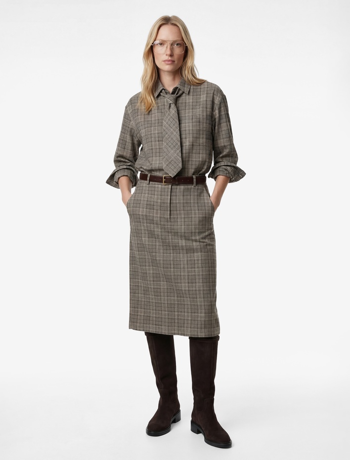  Yırtmaç Detaylı Ekose Kalem Etek