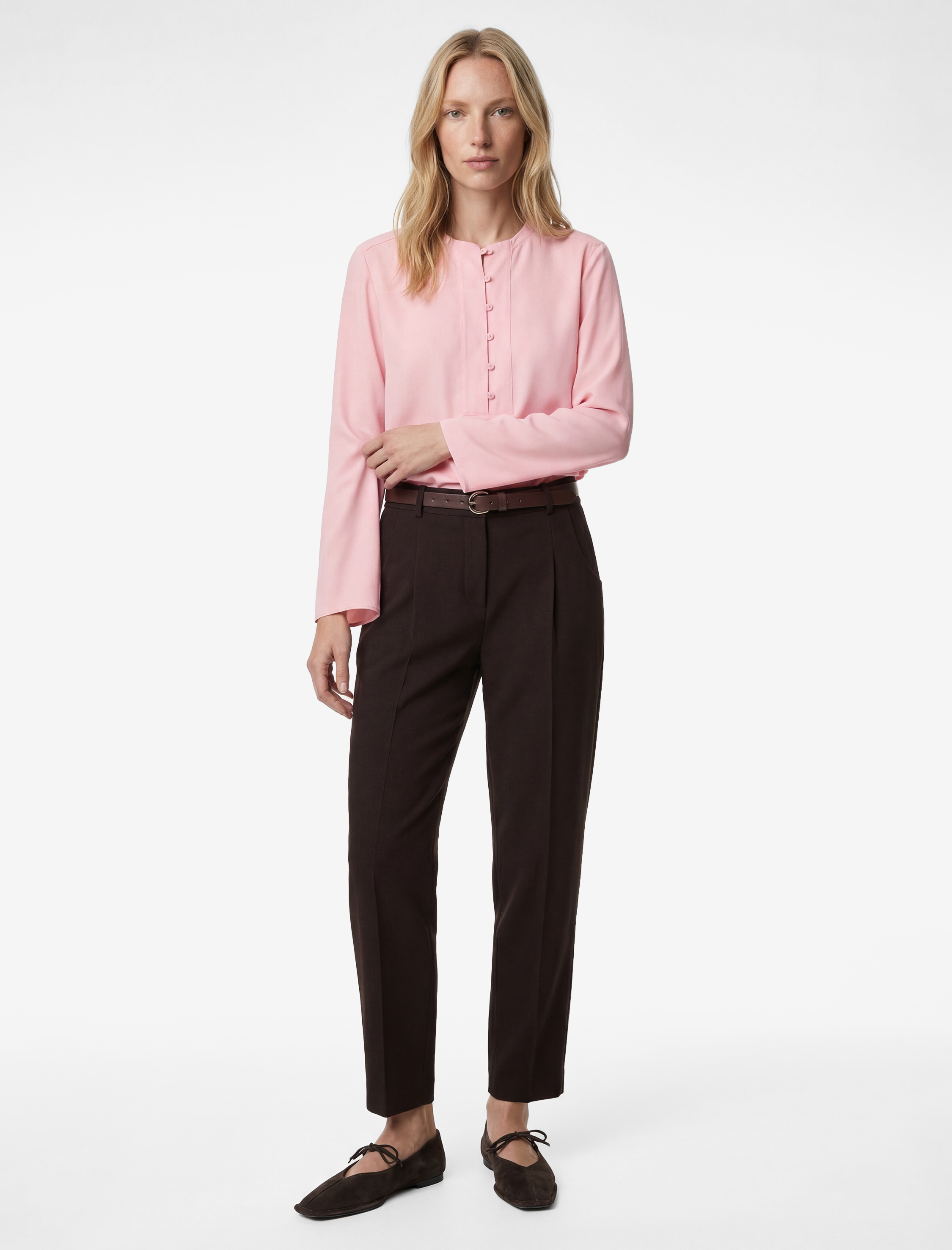   Bol Kalıp Uzun Kollu Bisiklet Yaka Yarım Düğme Detaylı Bluz