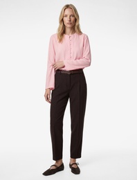 Bol Kalıp Uzun Kollu Bisiklet Yaka Yarım Düğme Detaylı Bluz