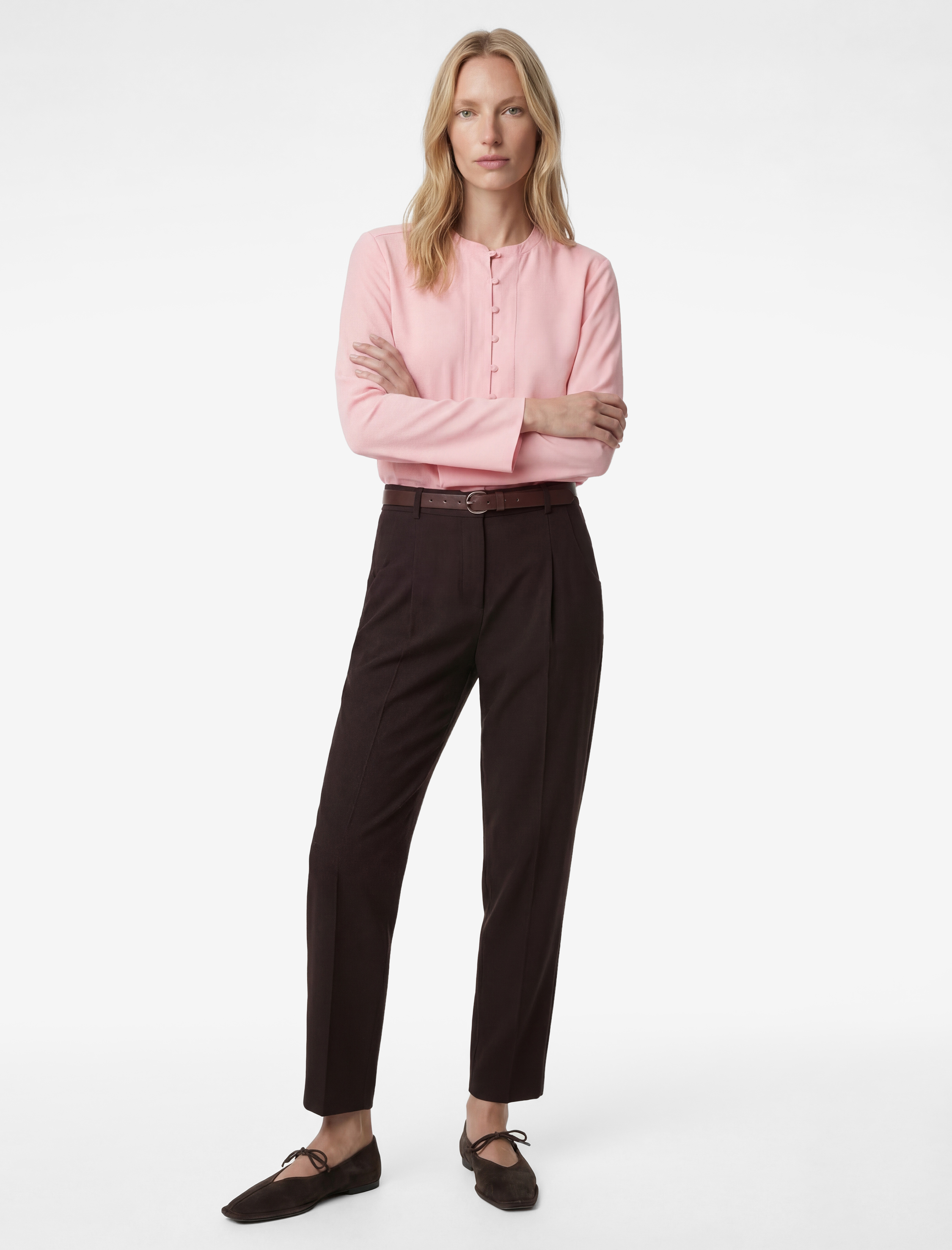   Bol Kalıp Uzun Kollu Bisiklet Yaka Yarım Düğme Detaylı Bluz