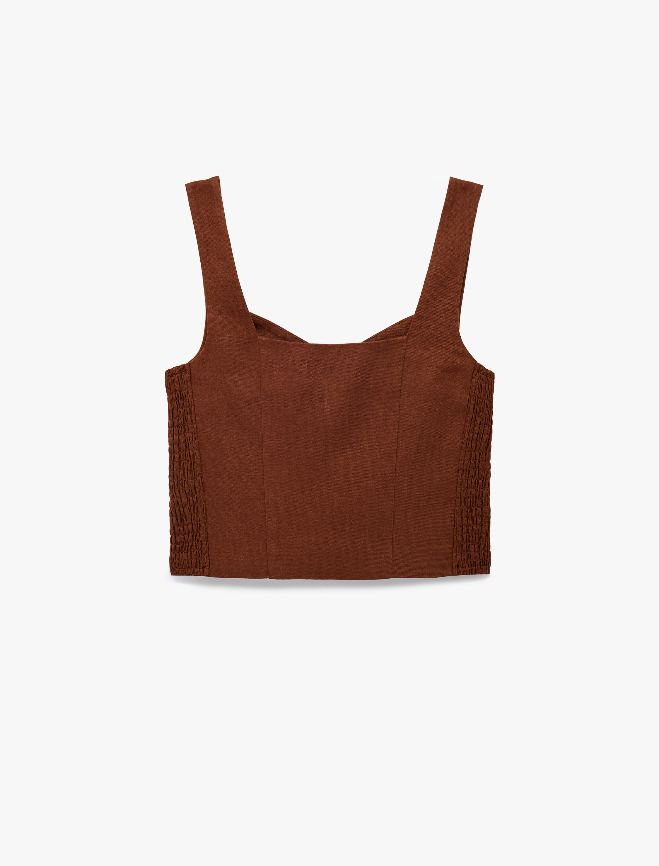   Slim Fit Kalın Askılı Yanları Gipe Detaylı Düğmeli Crop Keten Yelek