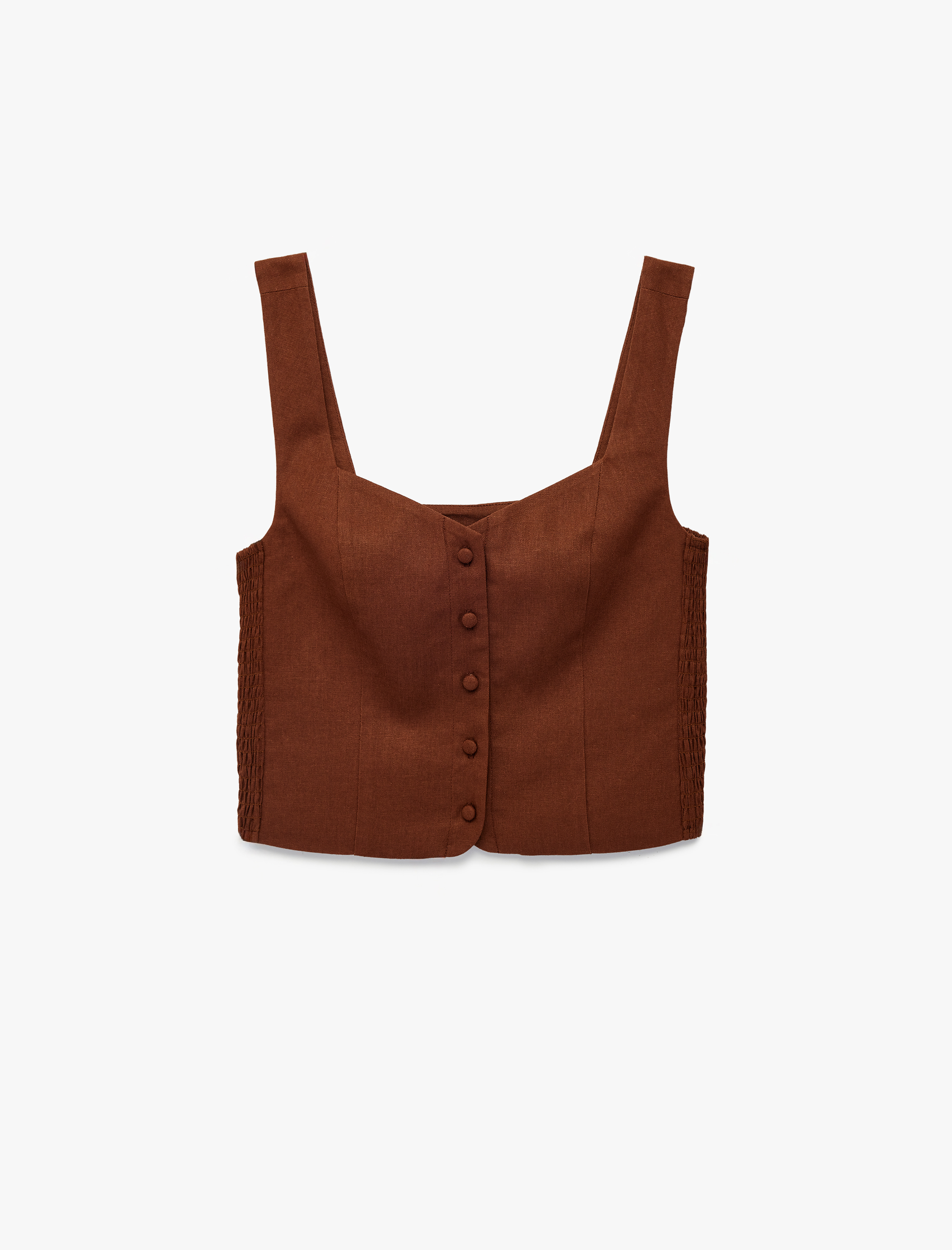   Slim Fit Kalın Askılı Yanları Gipe Detaylı Düğmeli Crop Keten Yelek