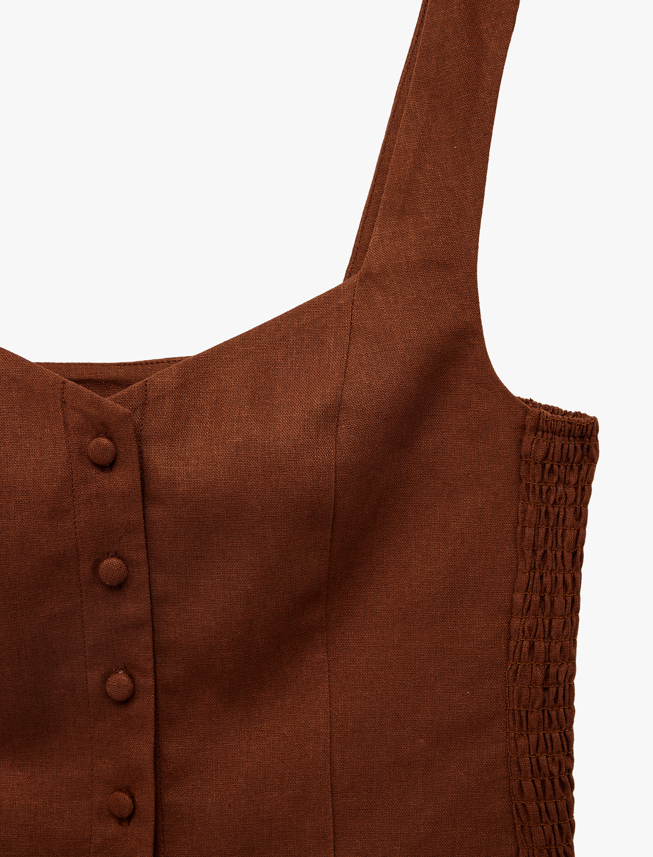   Slim Fit Kalın Askılı Yanları Gipe Detaylı Düğmeli Crop Keten Yelek