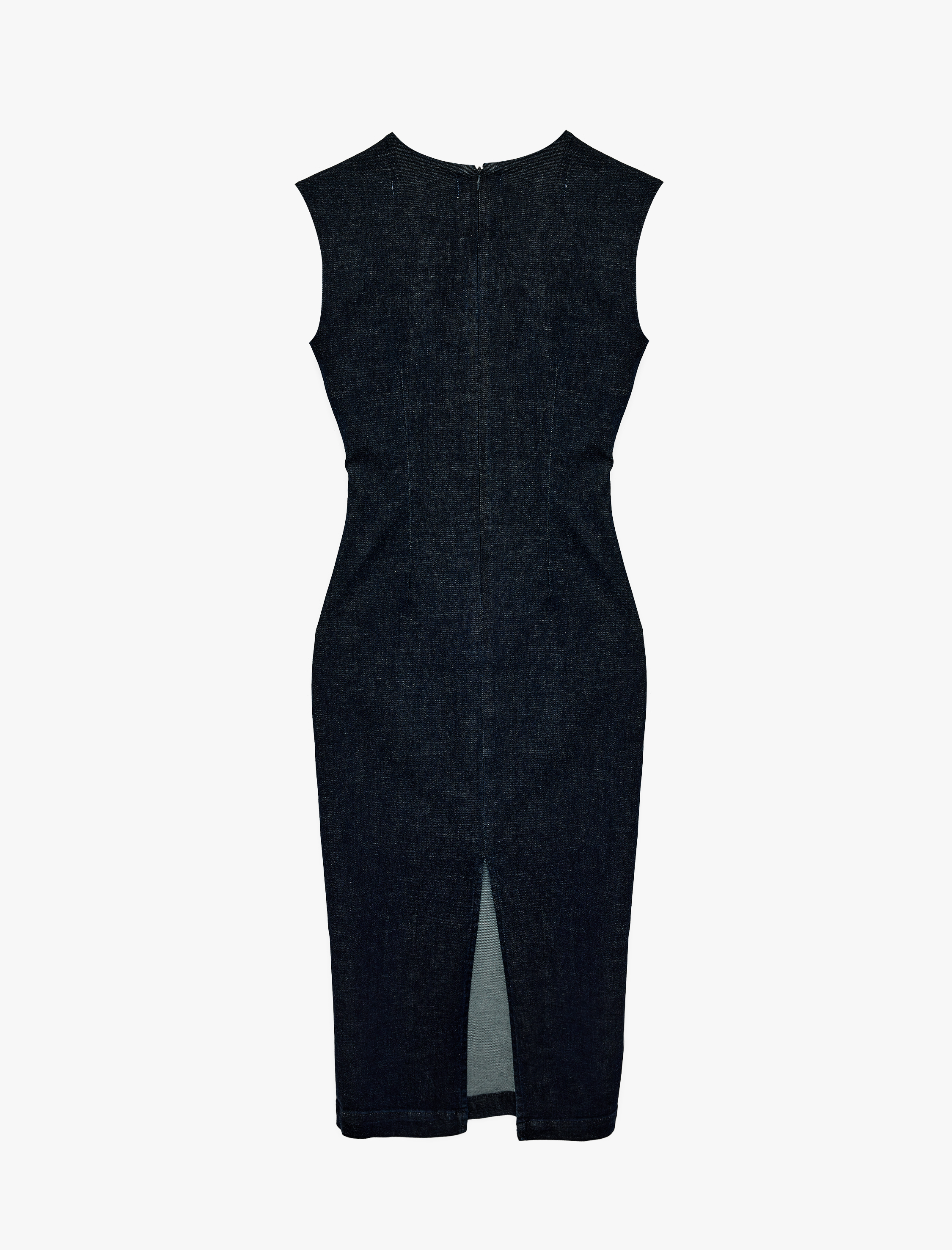   Kolsuz Bisiklet Yaka Arkası Yırtmaçlı Metal Aksesuarlı Midi Denim Elbise