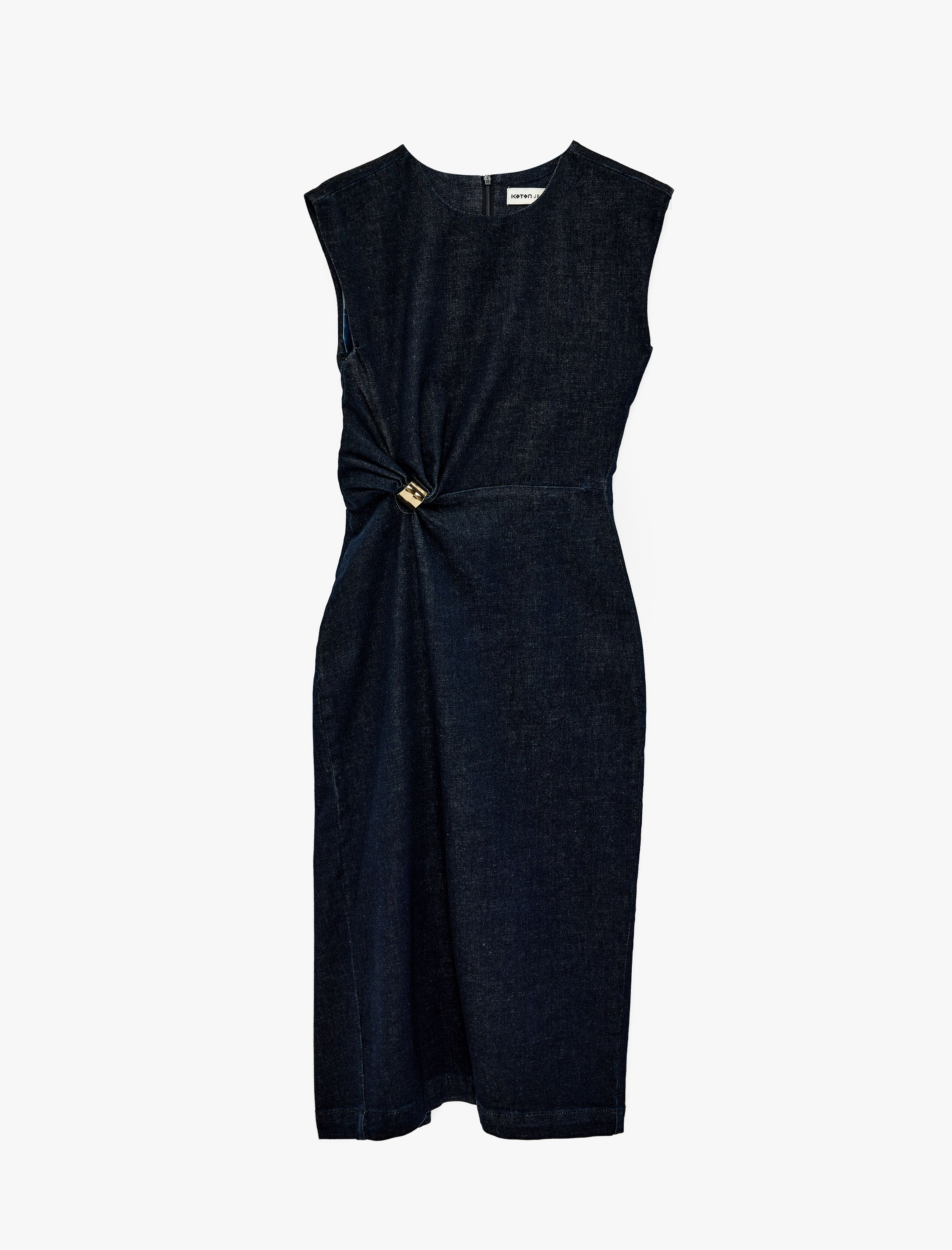   Kolsuz Bisiklet Yaka Arkası Yırtmaçlı Metal Aksesuarlı Midi Denim Elbise