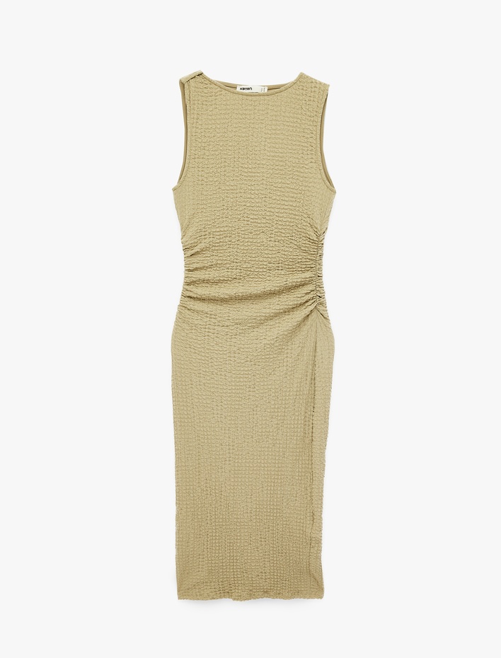  Bürümcük Kumaş Slim Fit Bisiklet Yaka Kolsuz Drapeli Midi Kalem Elbise