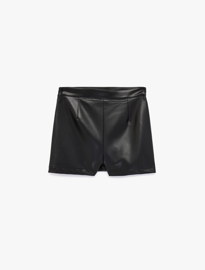  Yırtmaç Detaylı Mini Suni Deri Şort Etek