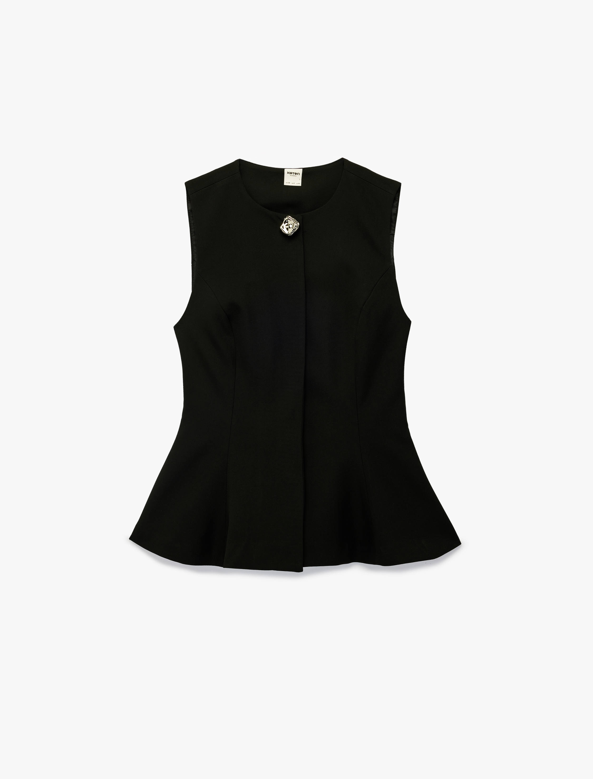   Viskon Karışımlı Metal Aksesuarlı Kolsuz Bisiklet Yaka Peplum Yelek