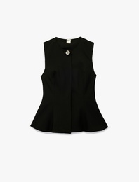 Viskon Karışımlı Metal Aksesuarlı Kolsuz Bisiklet Yaka Peplum Yelek