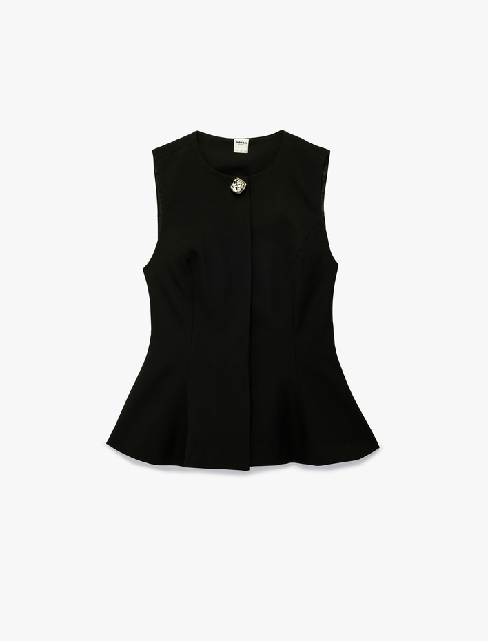  Viskon Karışımlı Metal Aksesuarlı Kolsuz Bisiklet Yaka Peplum Yelek