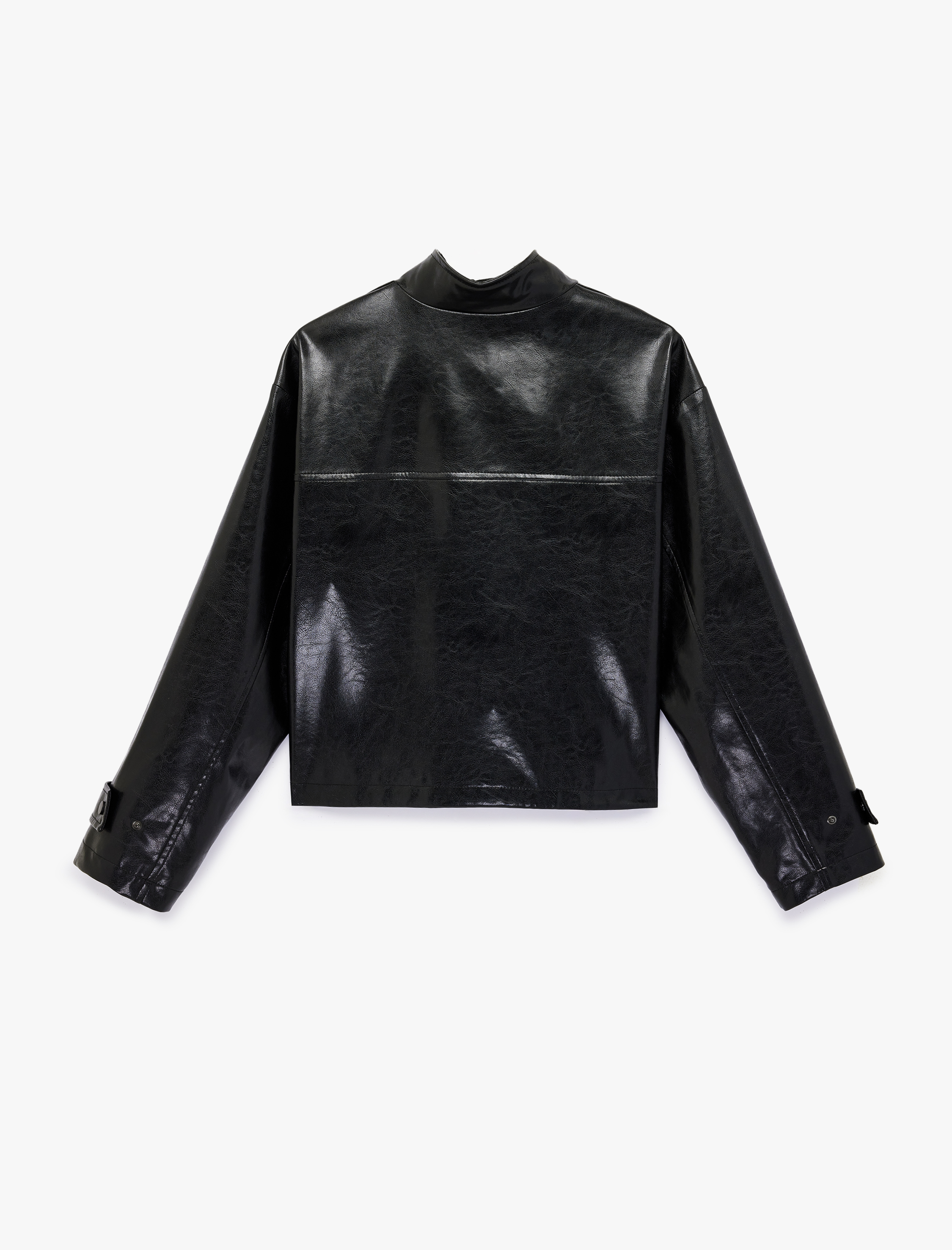   Uzun Kollu Fermuarlı Cepli Dik Yaka Suni Deri Crop Ceket