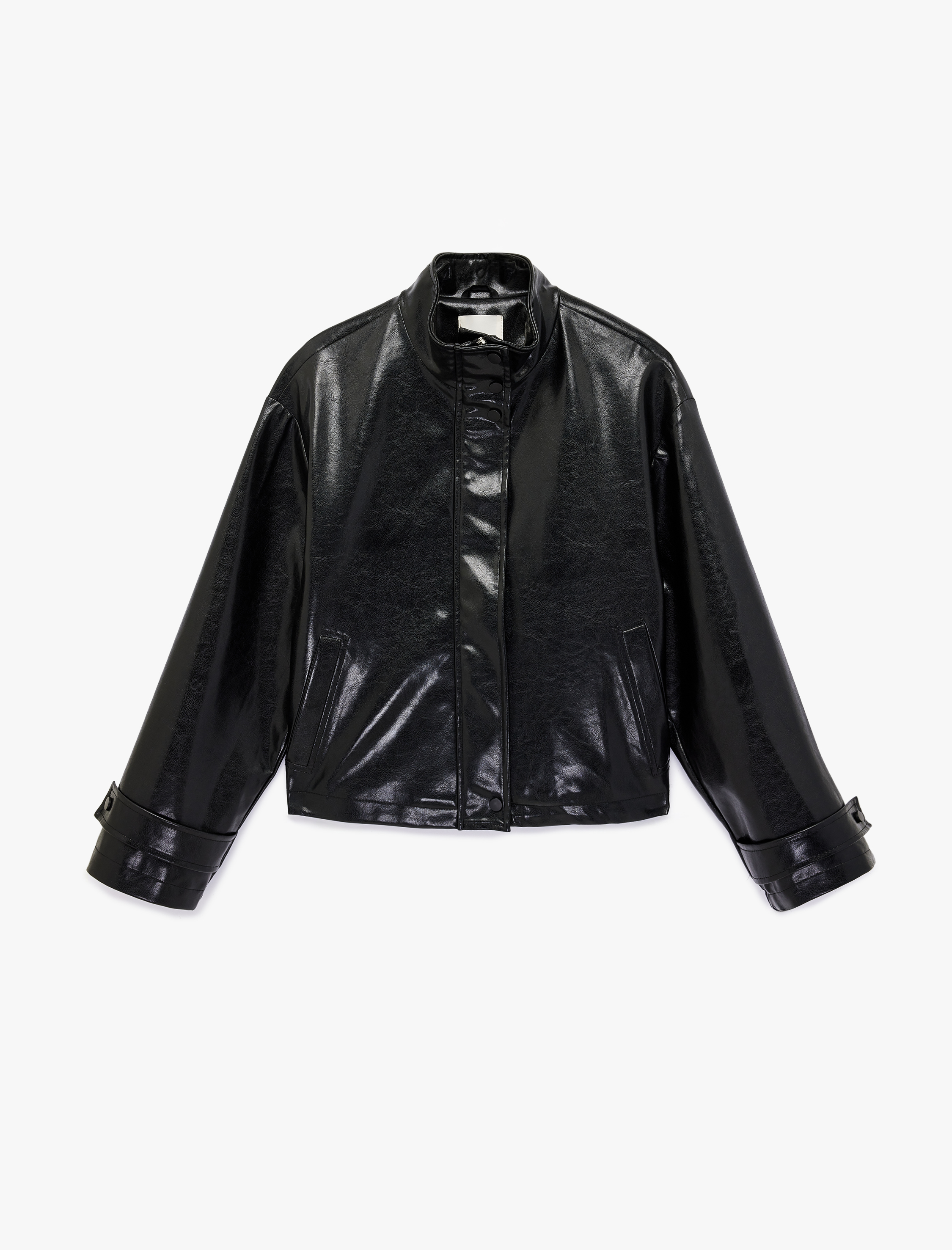   Uzun Kollu Fermuarlı Cepli Dik Yaka Suni Deri Crop Ceket