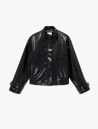 Uzun Kollu Fermuarlı Cepli Dik Yaka Suni Deri Crop Ceket