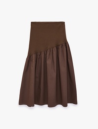 Beli Lastikli Volanlı Pamuklu Asimetrik Dikişli Midi Etek