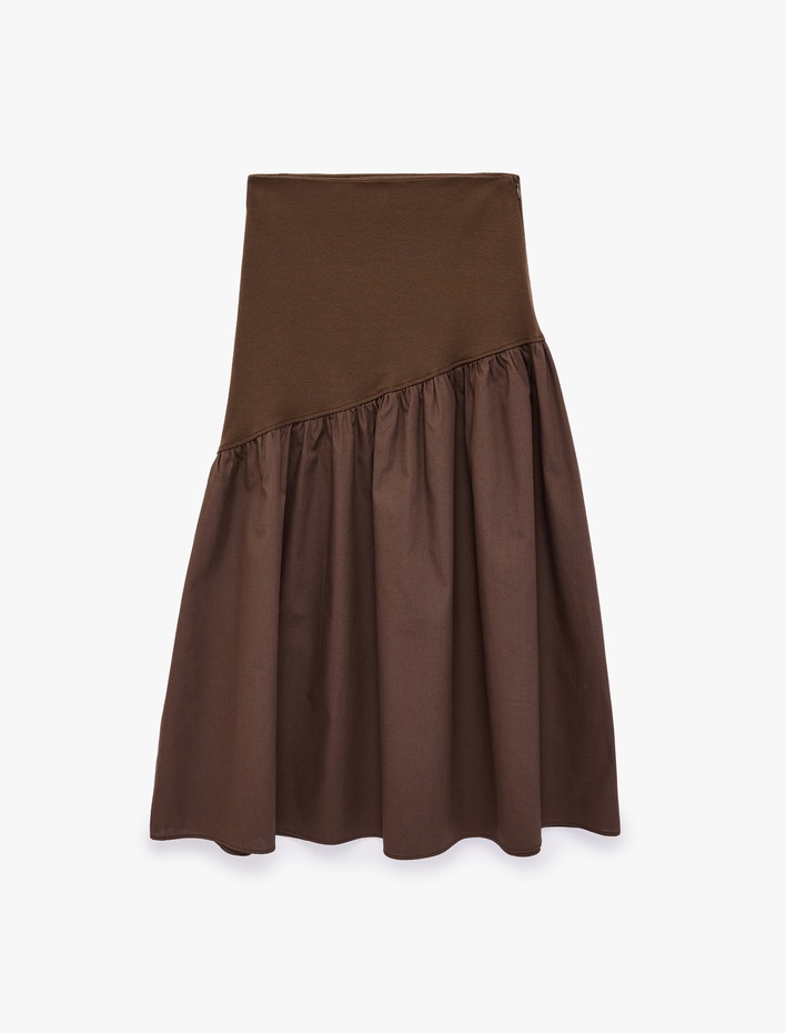  Beli Lastikli Volanlı Pamuklu Asimetrik Dikişli Midi Etek