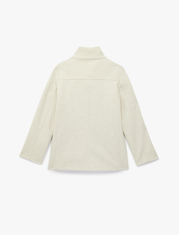  Uzun Kollu Düğmeli Cepli Dik Huni Yaka Kaşe Kaban