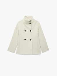 Uzun Kollu Düğmeli Cepli Dik Huni Yaka Kaşe Kaban