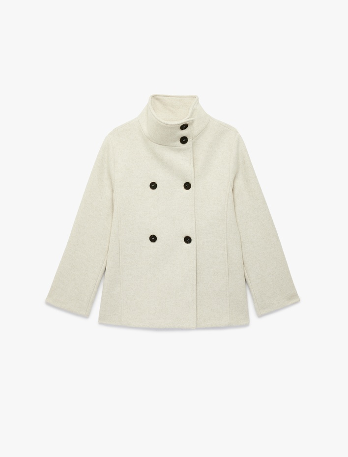  Uzun Kollu Düğmeli Cepli Dik Huni Yaka Kaşe Kaban