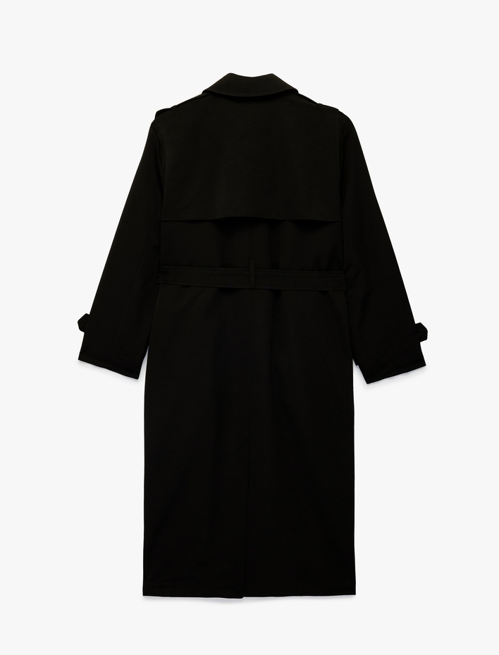  Uzun Kollu Düğmeli Cepli Kemerli Kruvaze Gabardin Trençkot