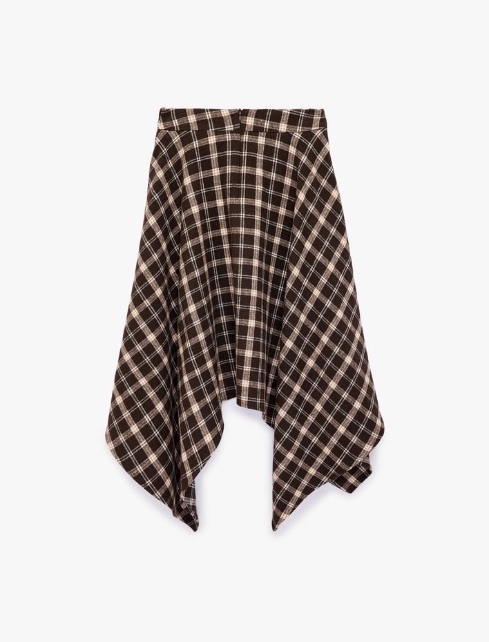  Asimetrik Kesim Ekoseli Midi Etek