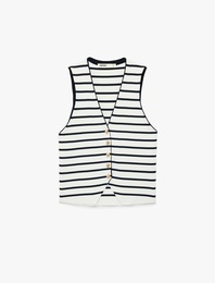 Gold Düğme Detaylı Çizgili Triko Yelek