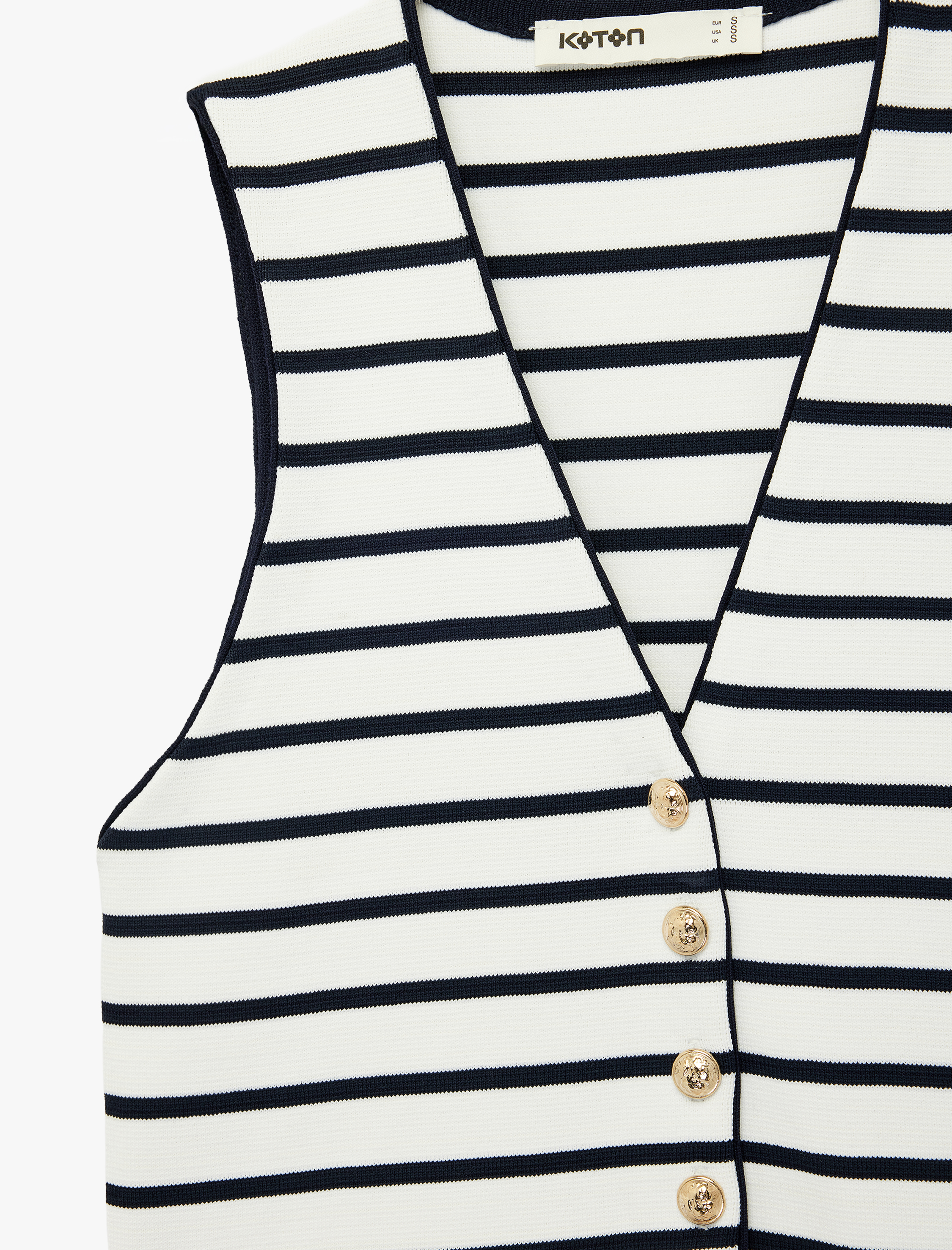   Gold Düğme Detaylı Çizgili Triko Yelek