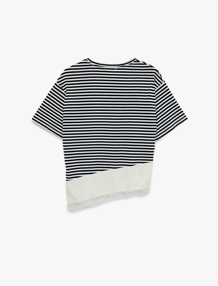  Bisiklet Yaka Kısa Kollu Asimetrik Kesim Dantel Detaylı Tişört