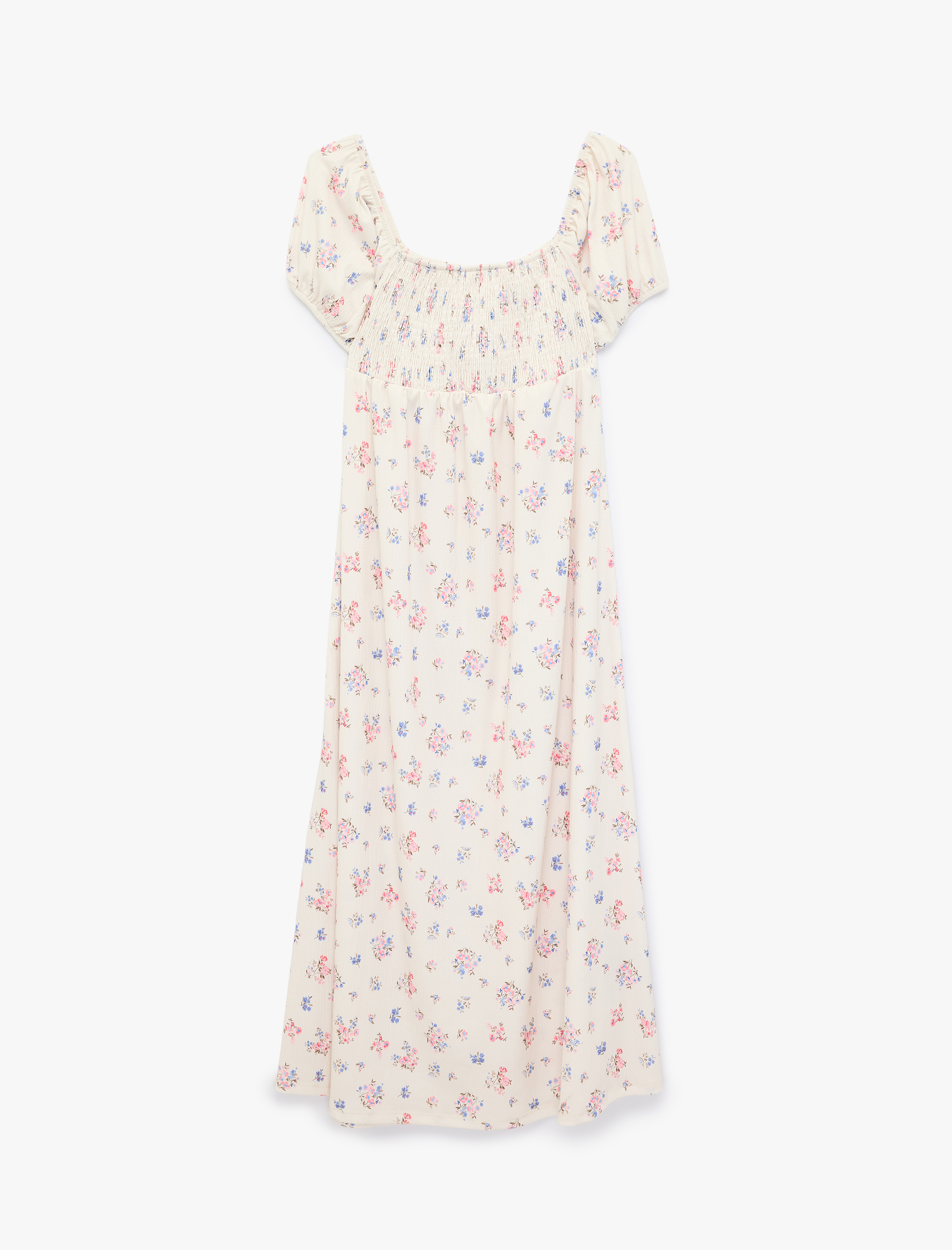   Kare Yaka Kısa Balon Kollu Uzun Çiçekli Elbise