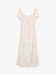 Kare Yaka Kısa Balon Kollu Uzun Çiçekli Elbise