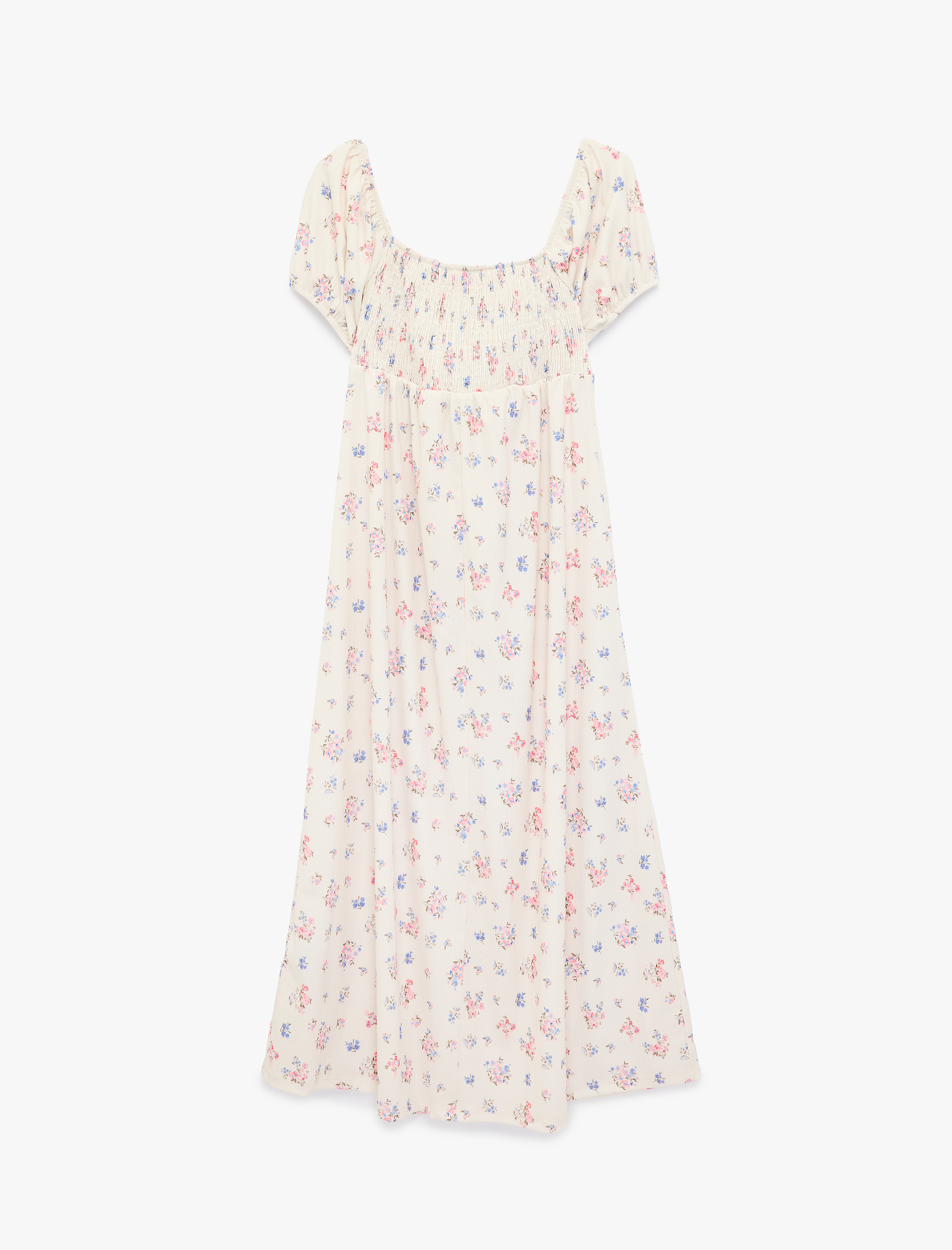   Kare Yaka Kısa Balon Kollu Uzun Çiçekli Elbise