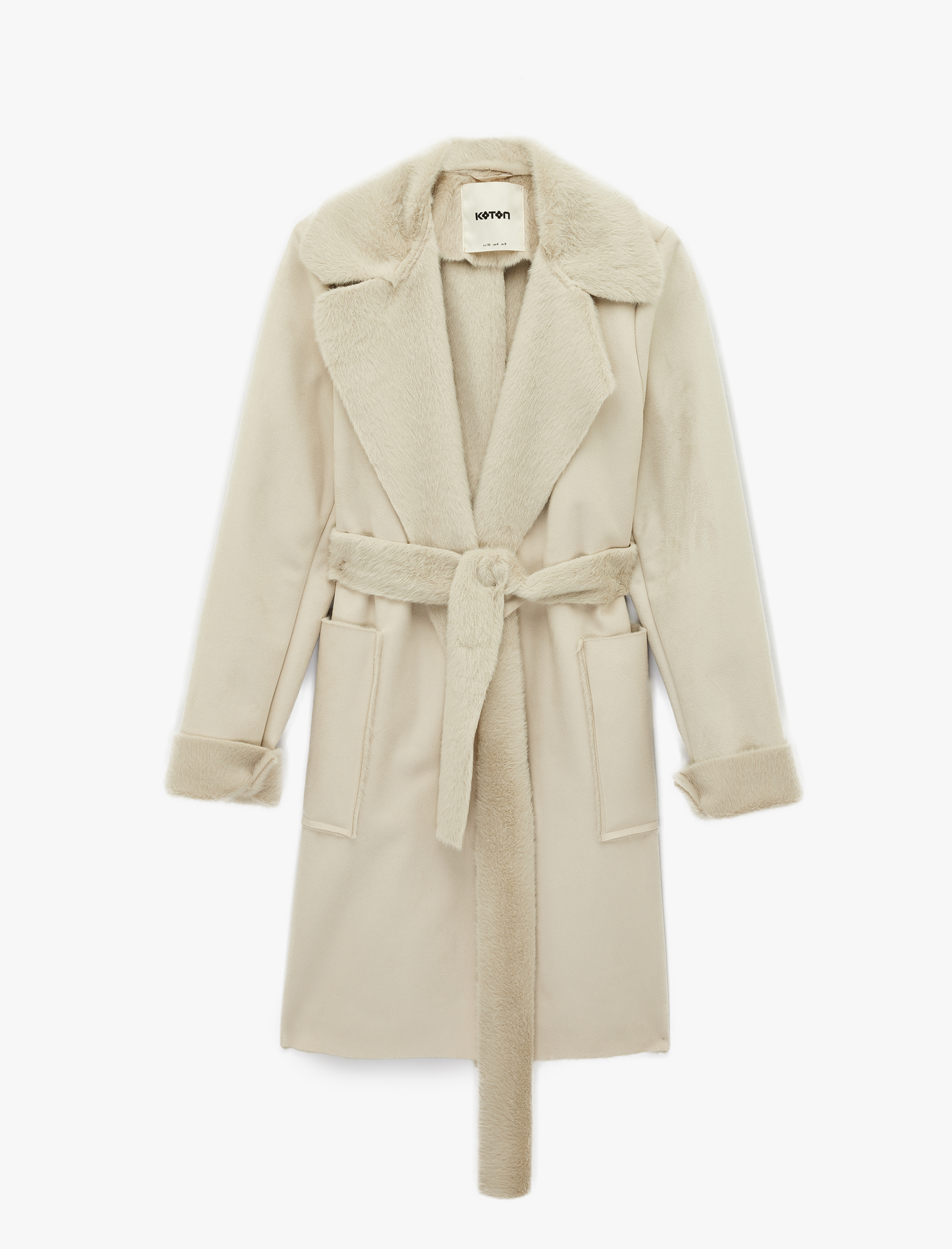   Uzun Kollu Cepli Kemerli Yakası Suni Kürklü Bonded Kaban