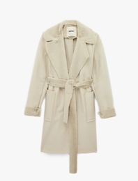 Uzun Kollu Cepli Kemerli Yakası Suni Kürklü Bonded Kaban