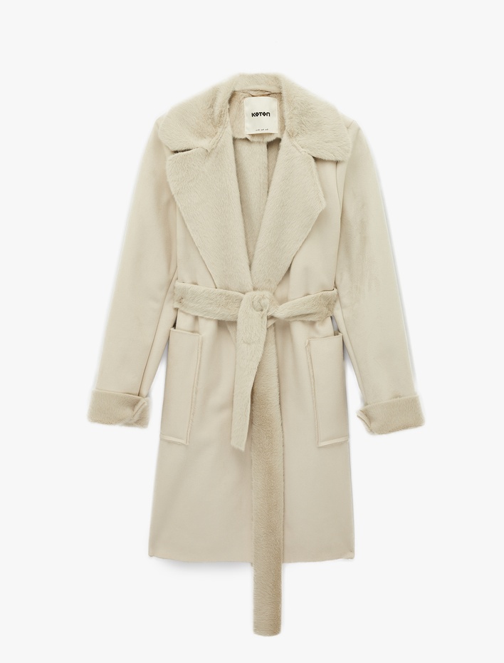  Uzun Kollu Cepli Kemerli Yakası Suni Kürklü Bonded Kaban