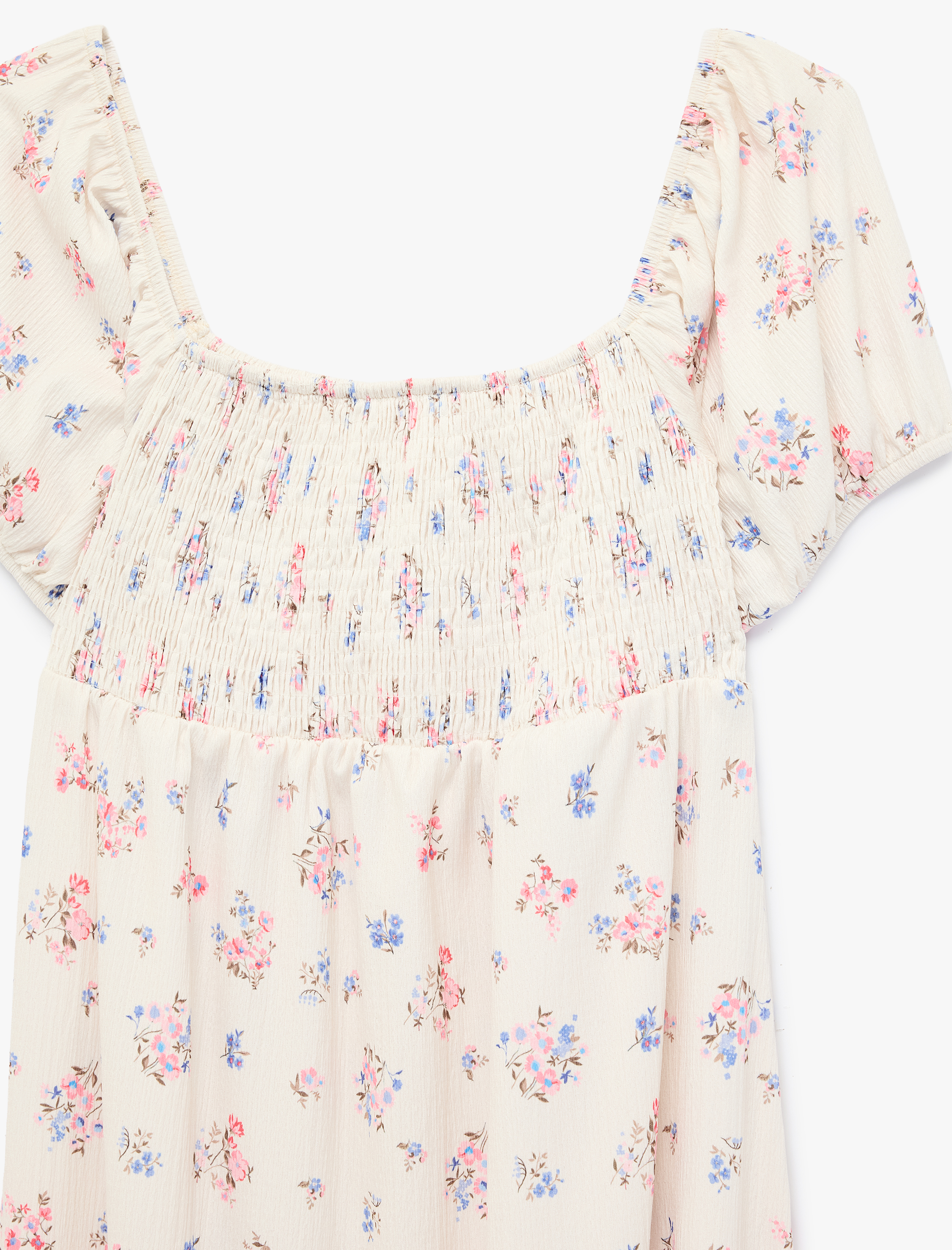   Kare Yaka Kısa Balon Kollu Uzun Çiçekli Elbise